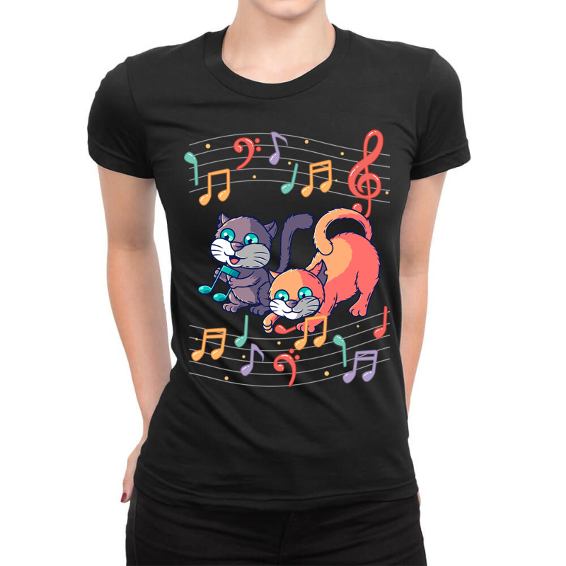 Cute Cat Kitty Playing Music Note Clef Musician Ar Ladies Fitted T-Shirt by Ziz | Artistshot