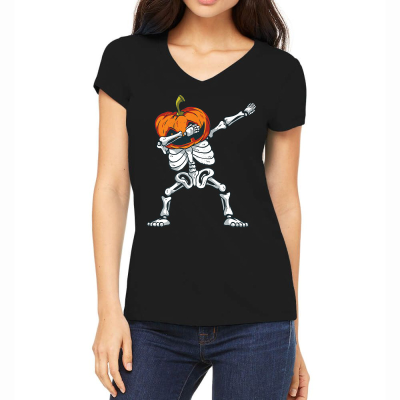 custom-funny-dabbing-skeleton-pumpkin-halloween-dab-gift-women-s-v-neck-t-shirt-by