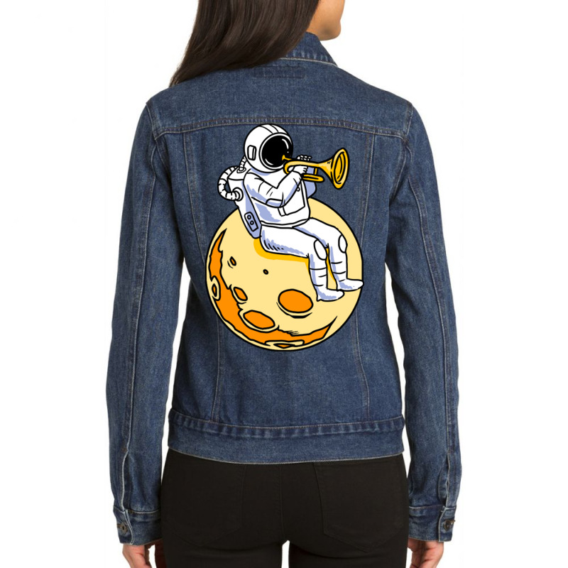 Astronaut Playing Trumpet For Trumpet Player Ladies Denim Jacket by queerappear | Artistshot