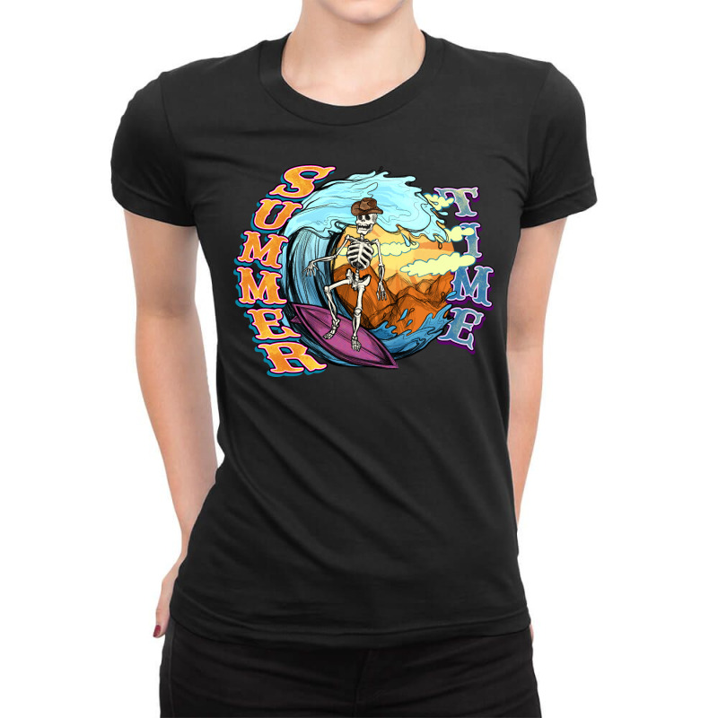 Summer Time Skeleton Surfing Ladies Fitted T-Shirt by NancyCooperArtShop | Artistshot