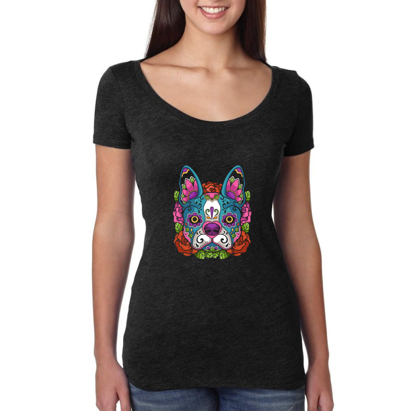 Boston Terrier Sugar Skull Dog Calavera Dia De Los Muertos Long Sleeve Women's Triblend Scoop T-shirt by Yuh2105 | Artistshot