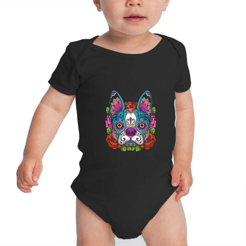 Boston Terrier Sugar Skull Dog Calavera Dia De Los Muertos Long Sleeve Baby Bodysuit by Yuh2105 | Artistshot