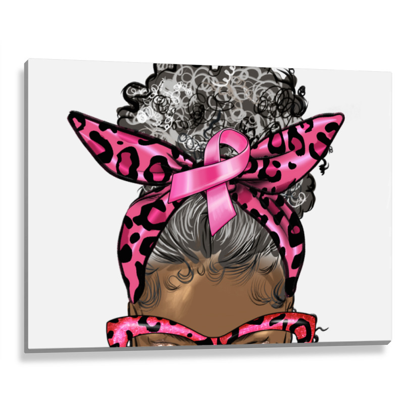 Breast Cancer Warrior Afro Messy Bun Gray Hair Metal Print Horizontal | Artistshot