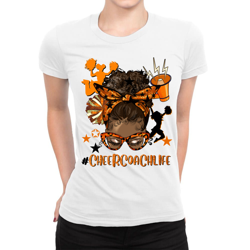 Afro Messy Bun Cheer Coach Life Orange And Black Ladies Fitted T-Shirt by HRA Design Shop | Artistshot