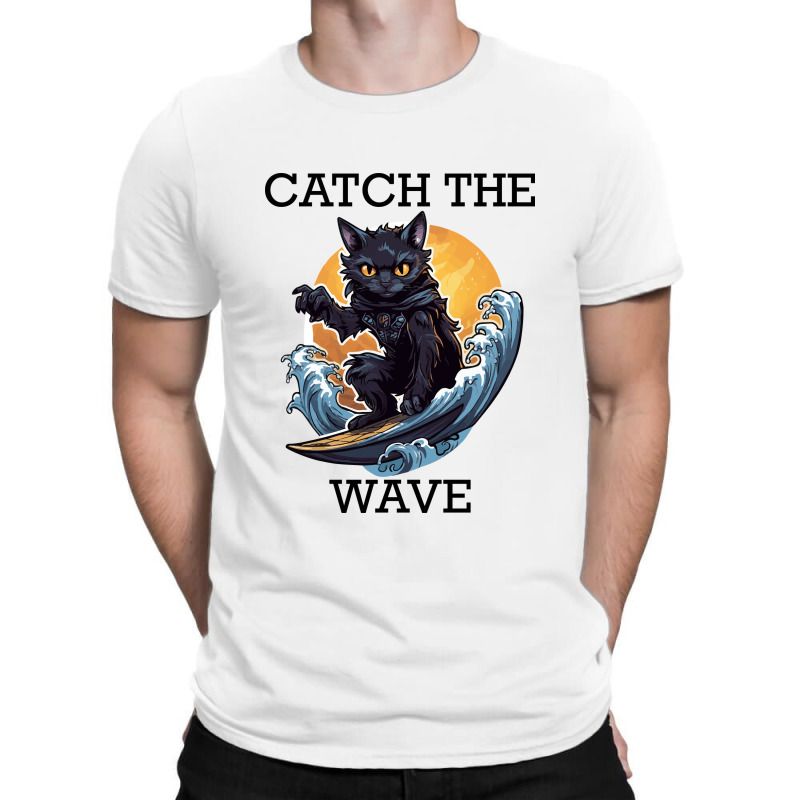 Black Cat Surfing - Catch The Wave (black Letterin T-Shirt by velvetroom | Artistshot