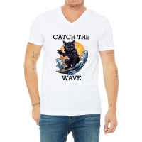 Black Cat Surfing - Catch The Wave (black Letterin V-neck Tee | Artistshot