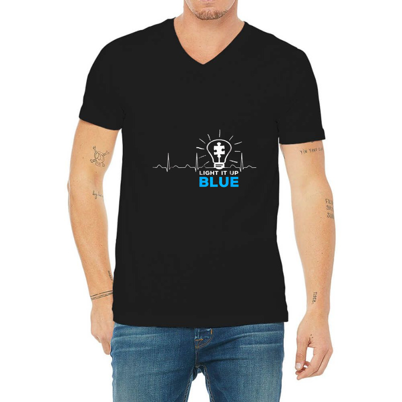 Light It Up Blue Tshirt Puzzle Heartbeat Autism Awareness V-Neck Tee by salamwarna | Artistshot