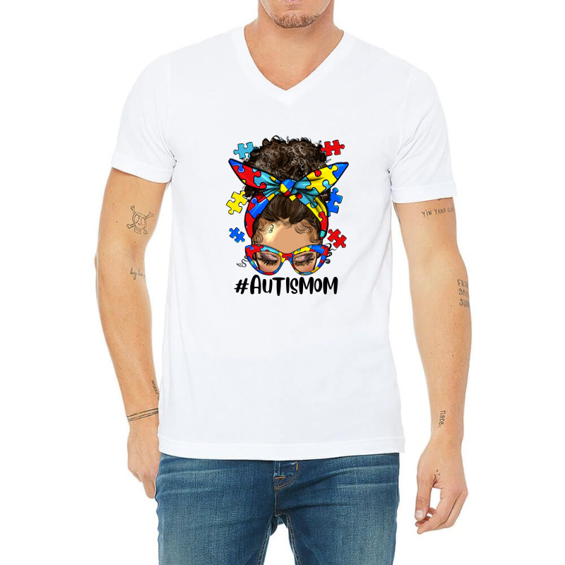 Afro Messy Bun Light Skin Autism Mom V-neck Tee | Artistshot