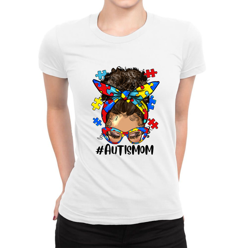 Afro Messy Bun Light Skin Autism Mom Ladies Fitted T-Shirt by HRA Design Shop | Artistshot