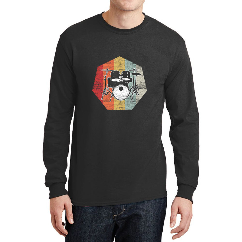 Retro Drummer Music Musical Instrument Drums Long Sleeve Shirts by LemonJack | Artistshot