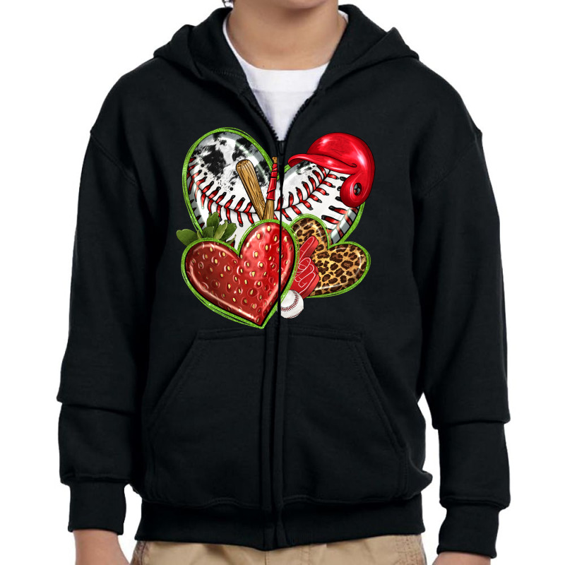 Baseball With Strawberry Hearts Youth Zipper Hoodie | Artistshot