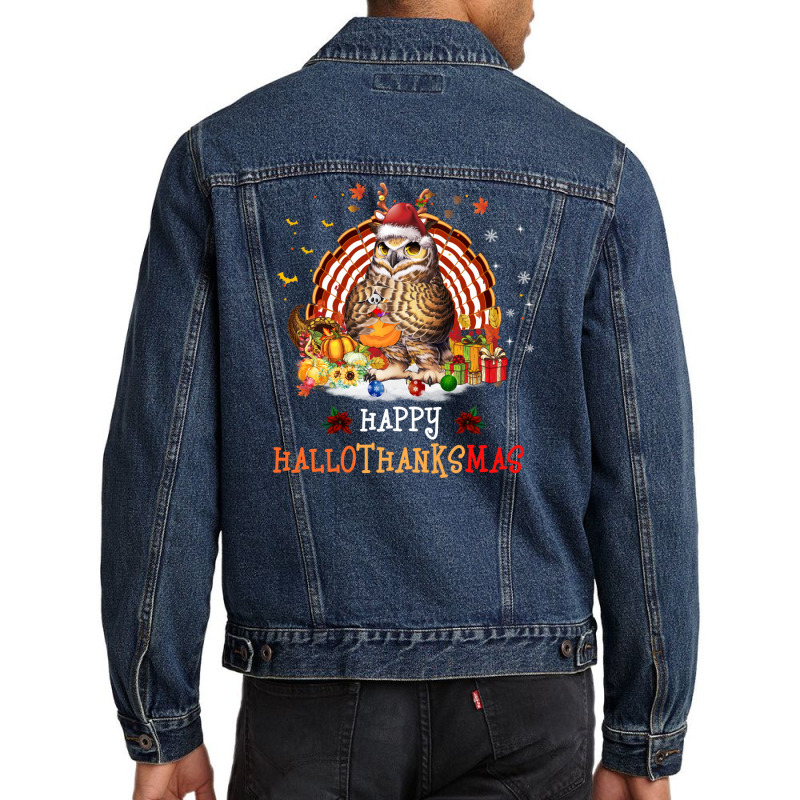 Owl Thankgiving Halloween Christmas Happy Hallothanksmas Men Denim Jacket | Artistshot