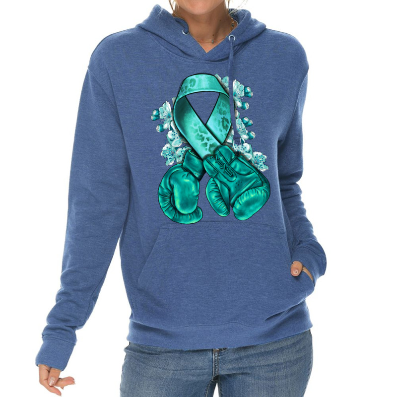 Ovarian Cancer Teal Ribbon With Boxing Gloves Lightweight Hoodie | Artistshot