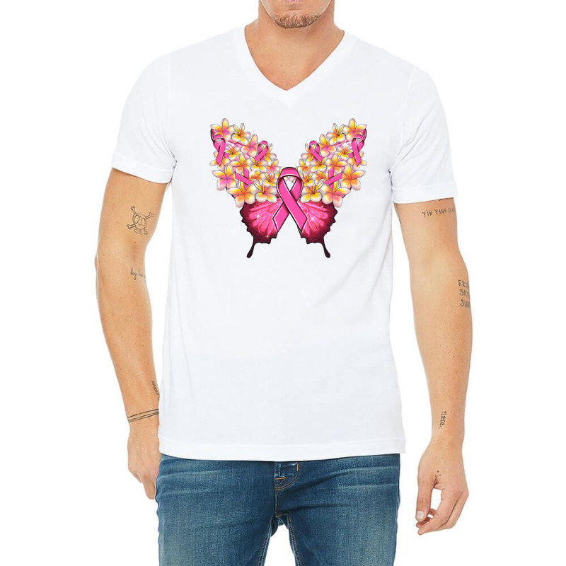 Pink Ribbon Breast Cancer Butterfly V-neck Tee | Artistshot