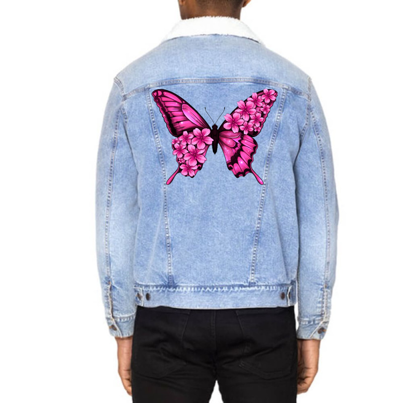 Floral Pink Butterfly Unisex Sherpa-lined Denim Jacket | Artistshot