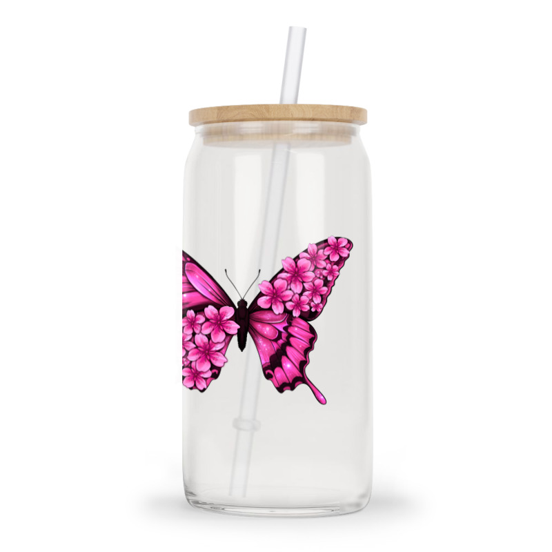 Floral Pink Butterfly Glass Tumbler | Artistshot