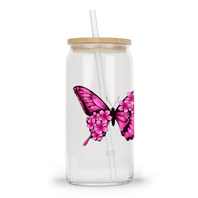 Floral Pink Butterfly Glass Tumbler | Artistshot