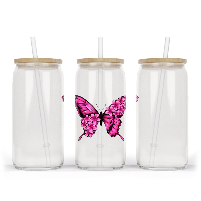 Floral Pink Butterfly Glass Tumbler | Artistshot