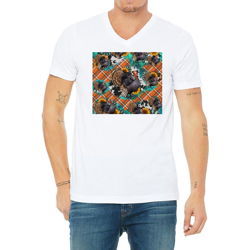 Thanksgiving Turkey Sunflower Turquoise V-neck Tee | Artistshot