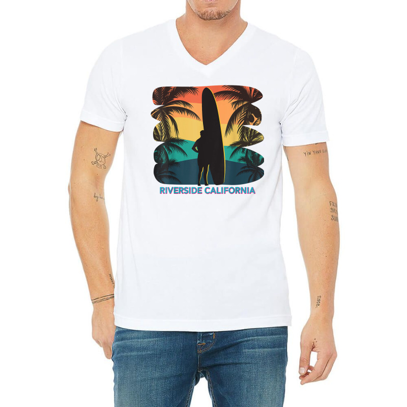 Riverside California Ca Palm Tree Surfboard Surfer Surfing T Shirt V-Neck Tee by phuongvu | Artistshot