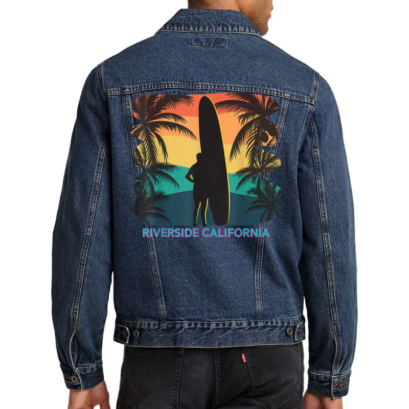 Riverside California Ca Palm Tree Surfboard Surfer Surfing T Shirt Men Denim Jacket by phuongvu | Artistshot