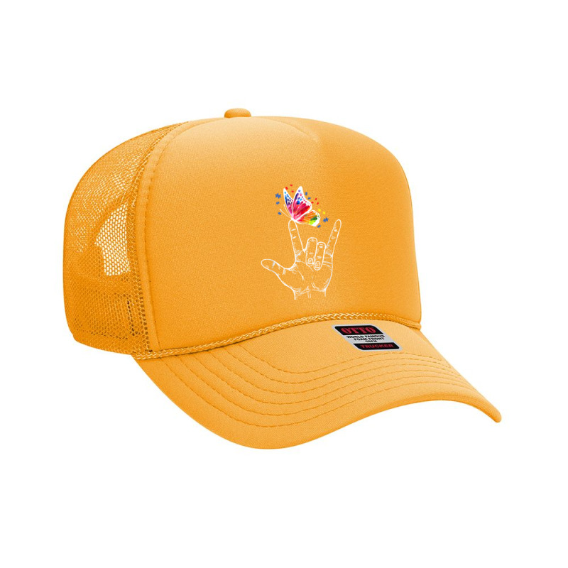 I Love You Hand Sign Language Butterfly Autism Awareness Foam Trucker Hat by PhoebeHaggett | Artistshot