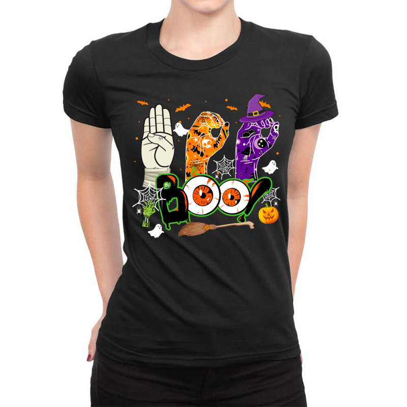 Boo American Sign Language Asl Deaf Halloween Costume Ladies Fitted T-Shirt by UbengArt | Artistshot