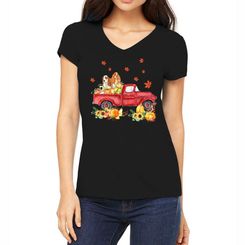 Cocker Spaniel Pumpkin Truck Fall Leaf Thanksgiving Halloween Women's V-Neck T-Shirt by UbengArt | Artistshot