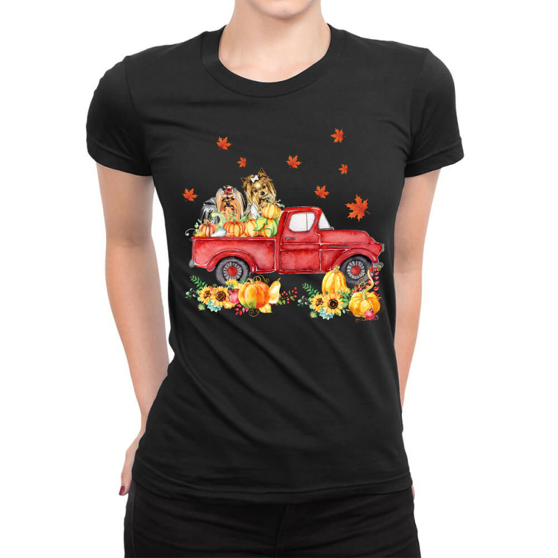 Yorkshire Terrier Pumpkin Truck Fall Leaf Thanksgiving Halloween Ladies Fitted T-Shirt by UbengArt | Artistshot