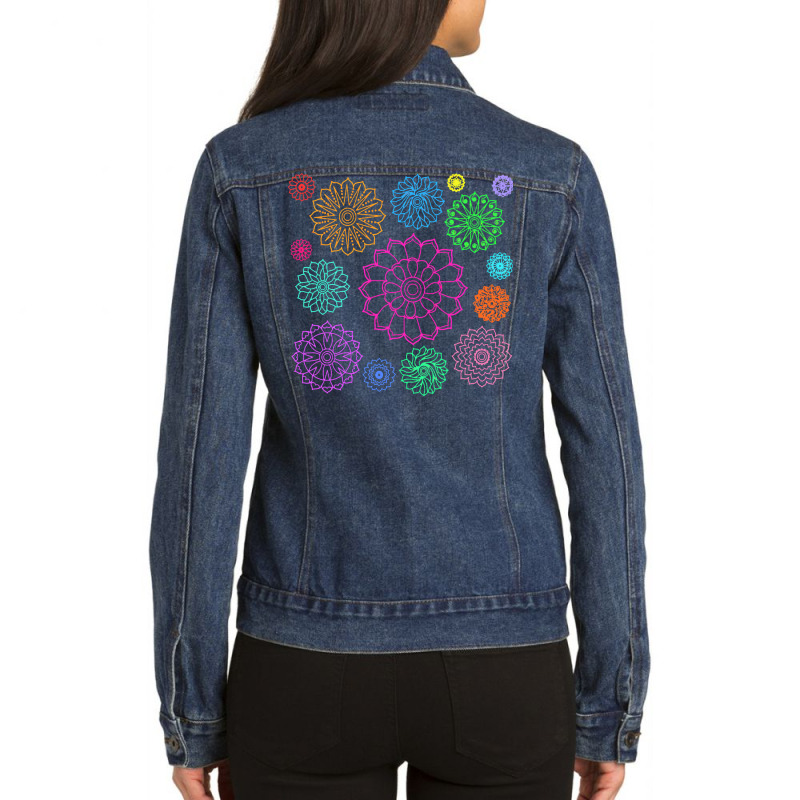 Flower Pattern T  Shirt Colorful Groovy Flower Pattern Outline T  Shir Ladies Denim Jacket by pullovercostarican | Artistshot