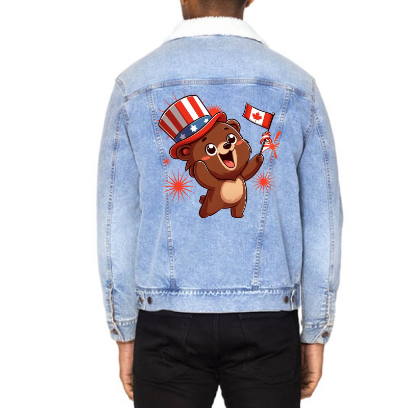 Brown Bear Is Celebrating Canada Independence Day Unisex Sherpa-Lined Denim Jacket by ren21 | Artistshot