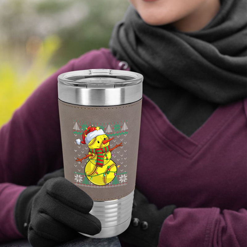 Funny Snowman Softball Christmas Ball Ugly Sweater Leatherette Tumbler | Artistshot