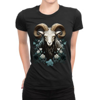 Ram Animal Portrait Horns Floral Design Ladies Fitted T-shirt | Artistshot