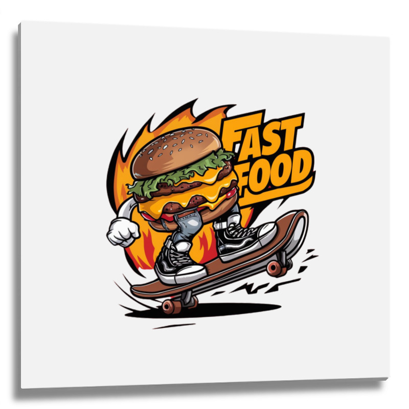 A Burger Riding A Skateboard Metal Print Square | Artistshot