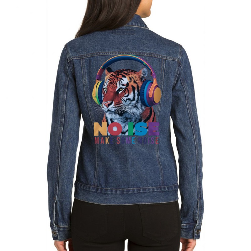 A Tiger Wearing Headphones Ladies Denim Jacket by Donna Schennum | Artistshot