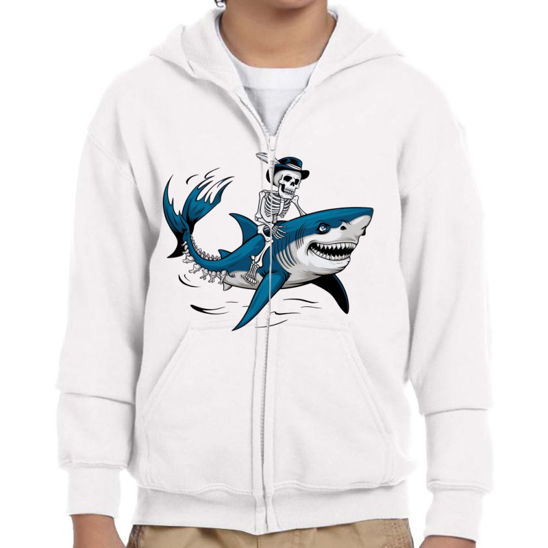 A Skeleton Riding A Shark Youth Zipper Hoodie by John Nichols | Artistshot