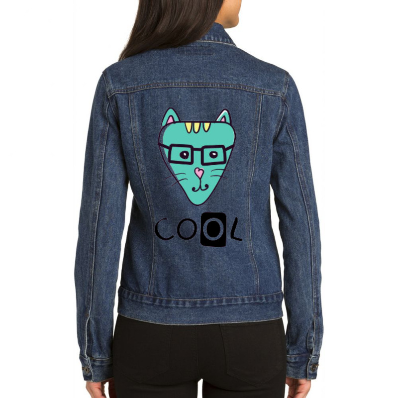 Cool Cat Slogan And Face Cat Ladies Denim Jacket by John Nichols | Artistshot