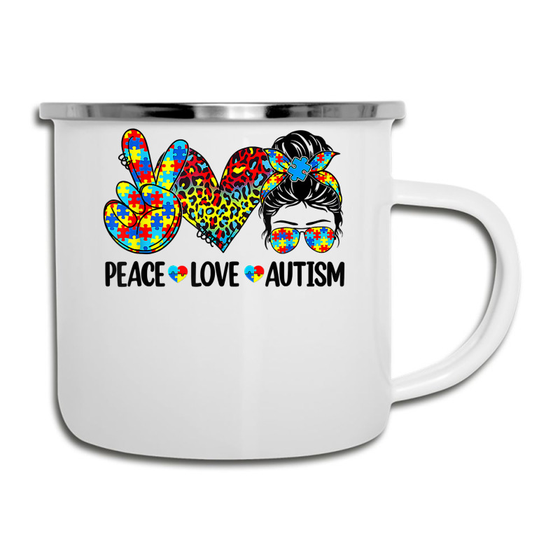 Peace Love Autism Mom Life Messy Bun Blue Autism Awareness T Shirt Camper Cup | Artistshot