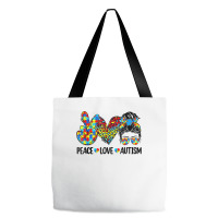 Peace Love Autism Mom Life Messy Bun Blue Autism Awareness T Shirt Tote Bags | Artistshot