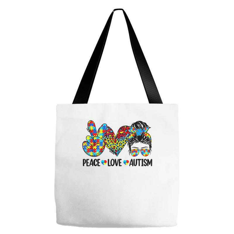 Peace Love Autism Mom Life Messy Bun Blue Autism Awareness T Shirt Tote Bags | Artistshot