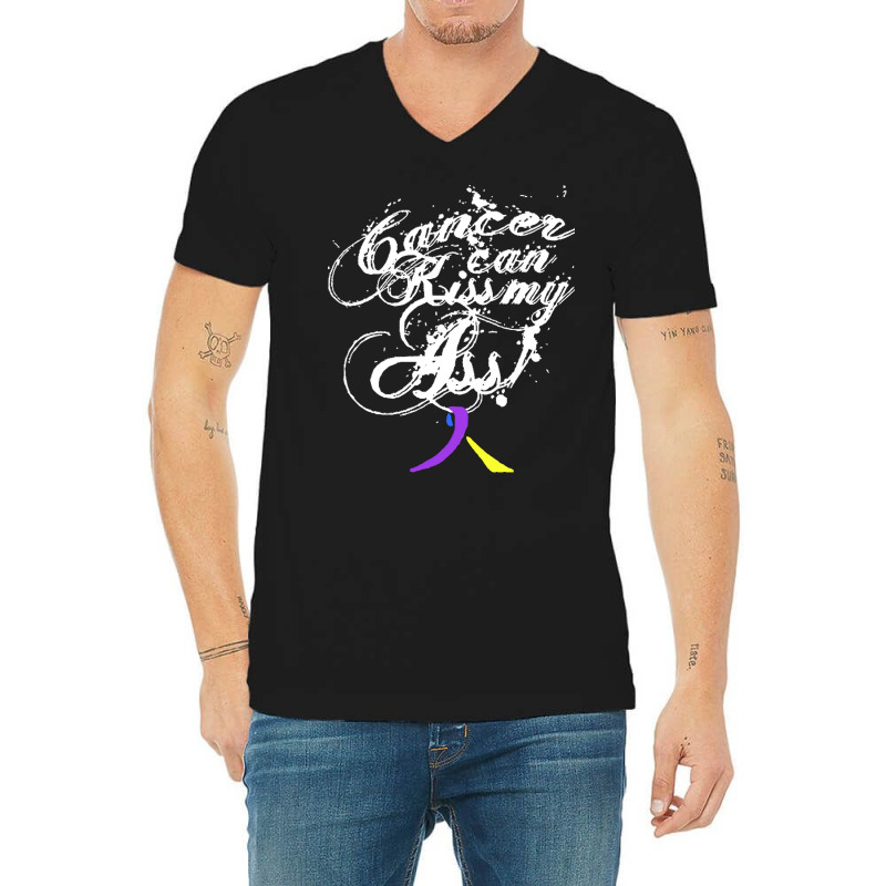 Bladder Cancer T  Shirt Cancer Can Kiss My Ass! Bladder ( Blue, Yellow V-Neck Tee by excitableattach | Artistshot