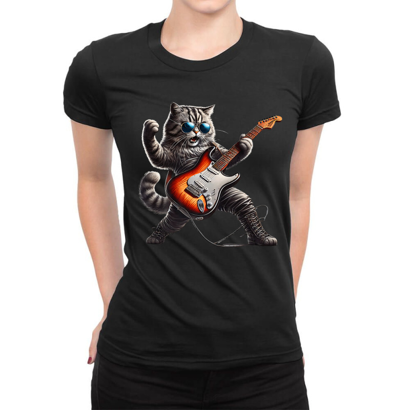 Rock Cat Jamming On Guitar Ladies Fitted T-Shirt by Rebecca Mitchell | Artistshot