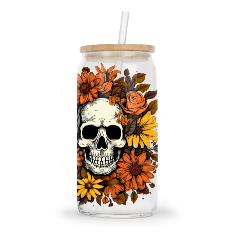 Skull And Flowers Glass Tumbler | Artistshot