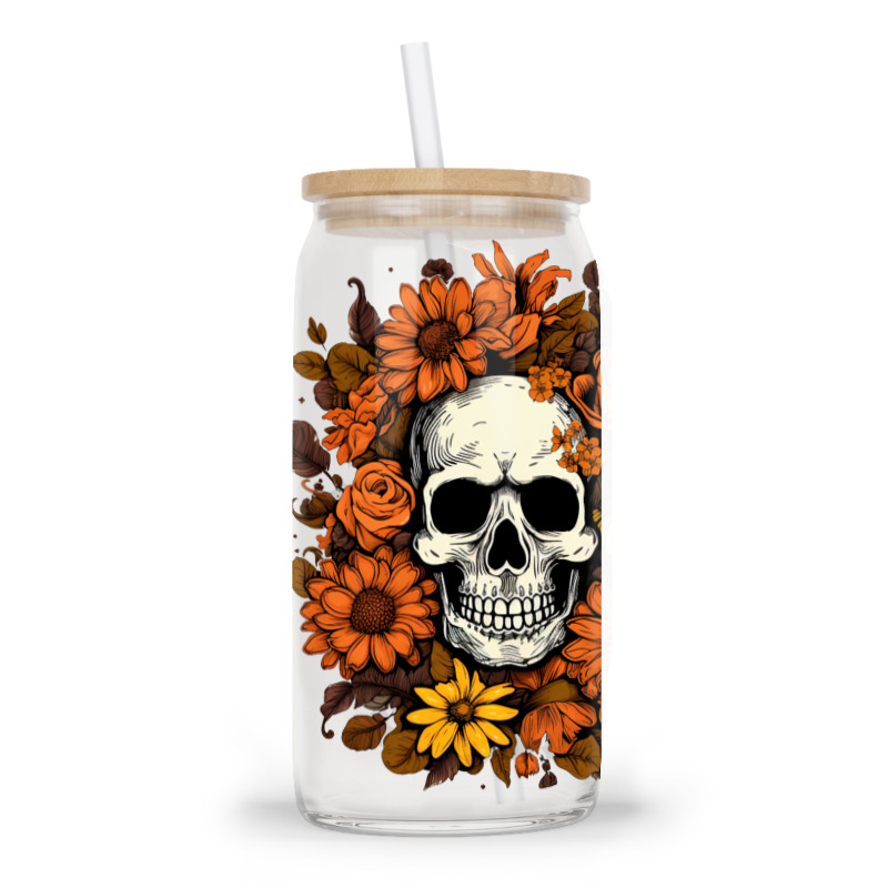 Skull And Flowers Glass Tumbler | Artistshot