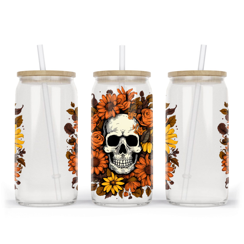 Skull And Flowers Glass Tumbler | Artistshot