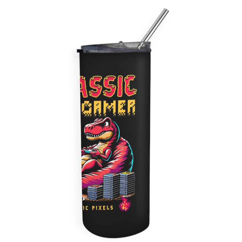 T Rex Playing Retro Games Skinny Tumbler | Artistshot