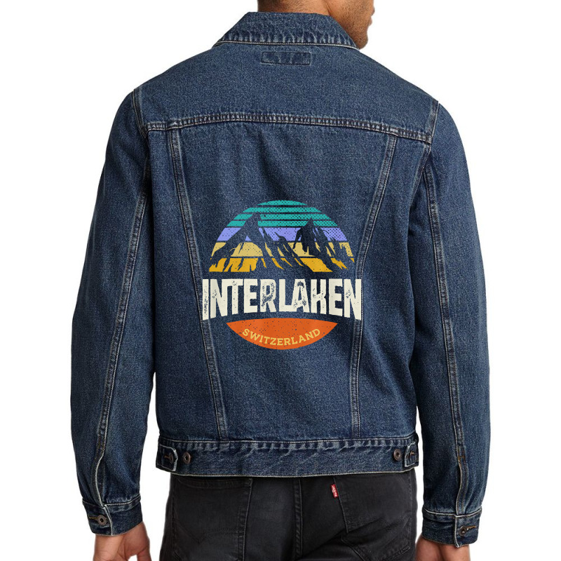 Interlaken Switzerland Vintage Mountain Sunset Men Denim Jacket by kamandhani | Artistshot