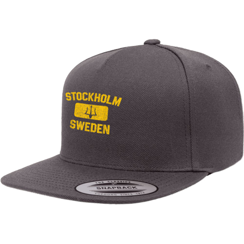 Stockholm Sweden Trident Gym Style Distressed Yellow Print 5 Panel Snapback Cap | Artistshot