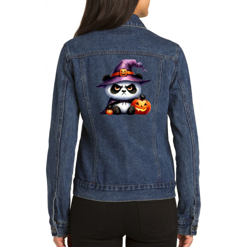 Halloween Day - Panda Cute With Pumpkin Witch Ladies Denim Jacket by denbey | Artistshot