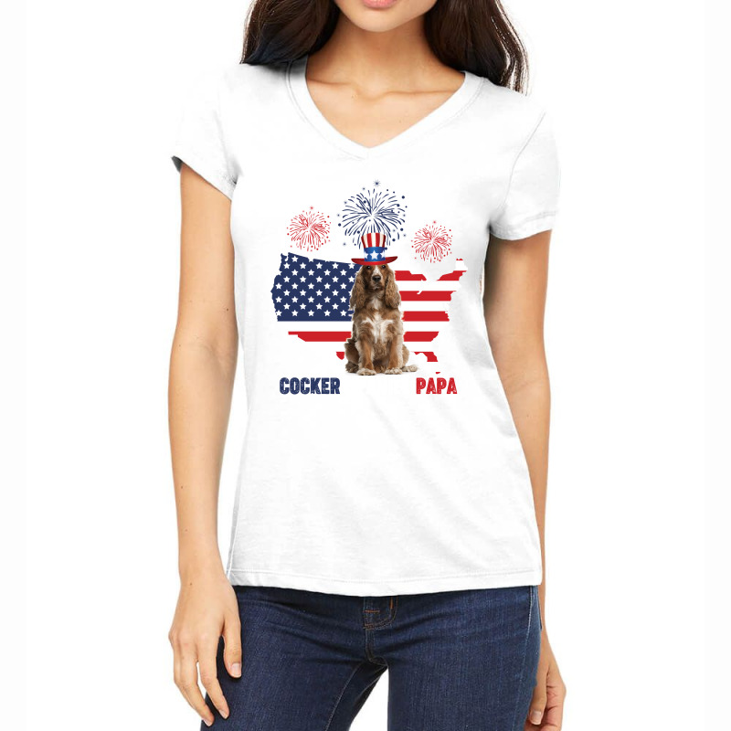 Cocker Spaniel Papa American Flag 4th Of July Women's V-Neck T-Shirt by vip.pro123 | Artistshot